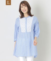 TO BE CHIC(L SIZE)(トゥービーシック Lサイズ)/【L】カラミストライプ マオカラーチュニックブラウス/サックスブルー