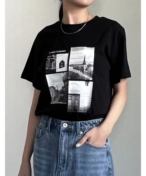 Re:EDIT(リエディ)/[2024SS COLLECTION]モノトーンプリントTシャツ/ブラック