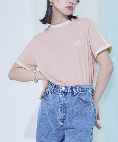 miette(ミエット)/配色ラインロゴ刺繍Tシャツ/ピンク