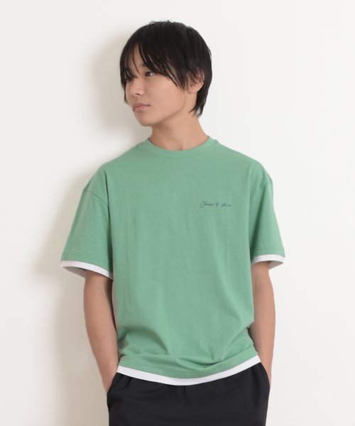 GLAZOS(グラソス)/ワンポイントロゴ裾レイヤード半袖Tシャツ/ライトグリーン