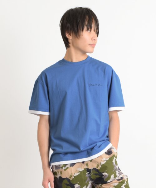 GLAZOS(グラソス)/ワンポイントロゴ裾レイヤード半袖Tシャツ/ライトブルー