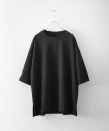 ZIP FIVE(ジップファイブ)/梨地トロミオーバーサイズスリットTシャツ/ブラック