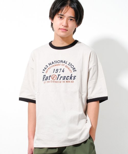 RAT EFFECT(ラット エフェクト)/RAT TRACKS リンガーBIG Tシャツ/ライトグレー