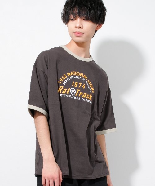 RAT EFFECT(ラット エフェクト)/RAT TRACKS リンガーBIG Tシャツ/チャコールグレー