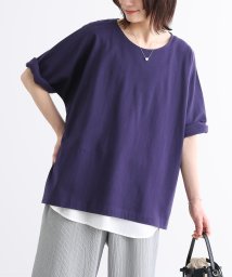 osharewalker(オシャレウォーカー)/『汗ジミ防止ゆるっとUネックTシャツ』Tシャツ レディース 春夏 半袖 カットソー  無地 五分袖 七分袖 綿100% コットン シンプル 着回し 汗ジミ防止/ネイビー