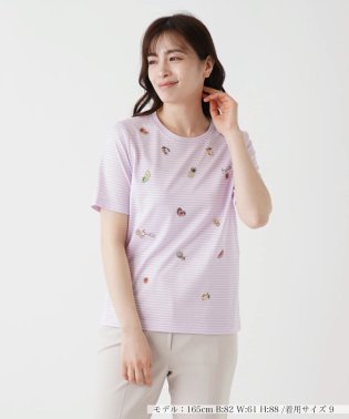 Leilian/フルーツ刺繍ボーダーTシャツ/506007502