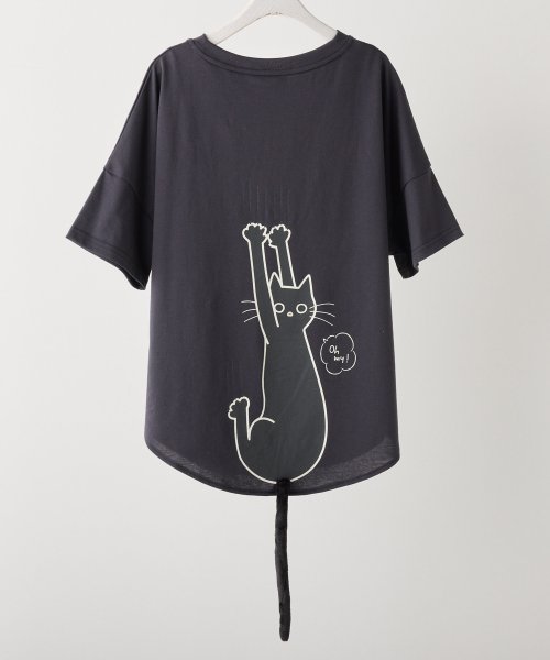 NICE CLAUP OUTLET(ナイスクラップ　アウトレット)/ネコしっぽTシャツ　ゆったり　猫　カットソー/スミクロ