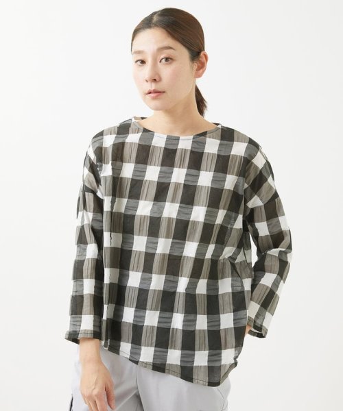 [洗える]塩縮ブロックチェックプルオーバーブラウス 