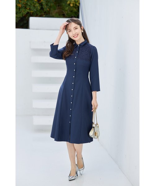 tocco closet(トッコクローゼット)/ヨークレース切り替えバックレースアップシャツワンピース/NAVY