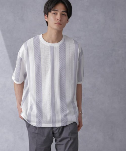 nano・universe(ナノ・ユニバース)/ストライプジャガードTシャツ 半袖/ホワイト