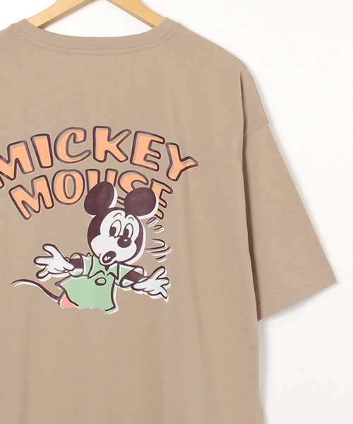 DISNEY(DISNEY)/【DISNEY/ディズニー】天竺 Mickey Mouse刺繍 半袖裾ラウンドBIG Tシャツ/ベージュ