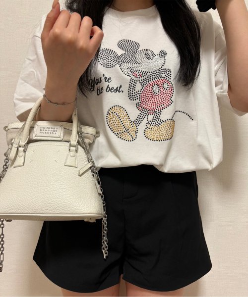 DISNEY(DISNEY)/【DISNEY/ディズニー】天竺 Mickey Mouseラインストーン半袖BIG Tシャツ/オフホワイト