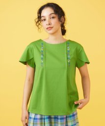 Jocomomola(ホコモモラ)/Marcha フラワー刺繍半袖カットソー/グリーン