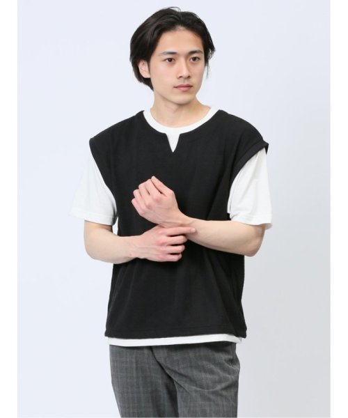TAKA-Q(タカキュー)/さまになる フェイクレイヤード キーネック半袖Tシャツ メンズ Tシャツ カットソー カジュアル インナー トップス ギフト プレゼント/ブラック