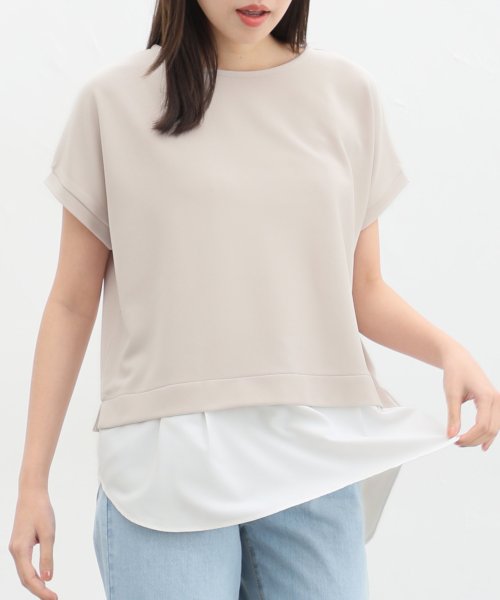 Honeys(ハニーズ)/裾レイヤード風トップス トップス カットソー Tシャツ 半袖 重ね着風 UVカット /ベージュ