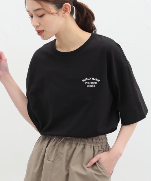 Honeys(ハニーズ)/刺繍ロゴゆるＴシャツ トップス Tシャツ ロゴT 半袖 オーバーサイズ UVカット /ブラック