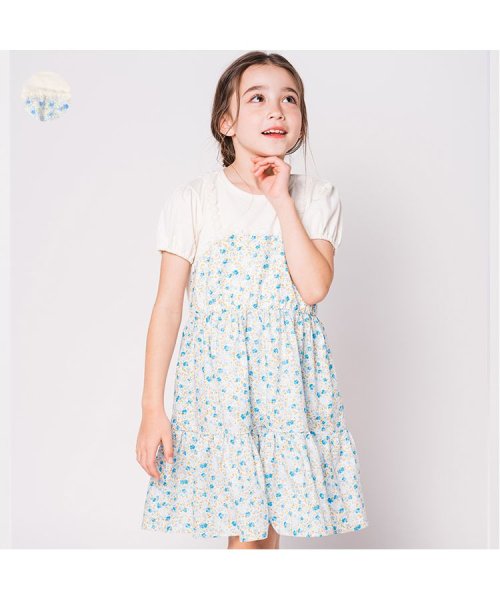 Crescent(クレセント)/【子供服】 crescent (クレセント) 花柄キャミレイヤード風半袖ワンピース 80cm～130cm N42303/サックス