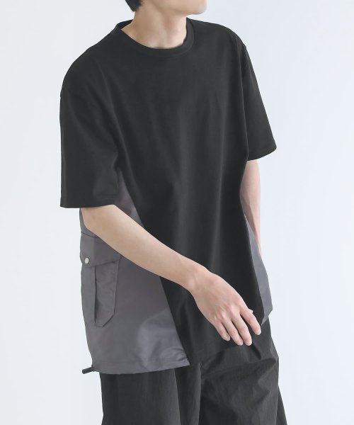 osharewalker(オシャレウォーカー)/『異素材デザインTシャツ』/ブラック