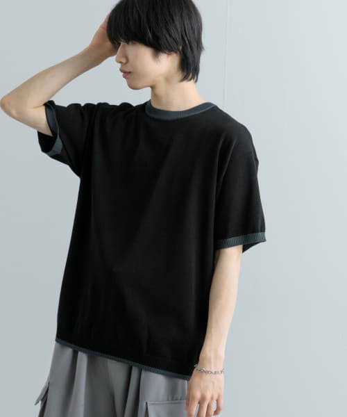 SENSE OF PLACE by URBAN RESEARCH(センスオブプレイス バイ アーバンリサーチ)/『洗濯可』リブハイショクラインニットTシャツ(5分袖)/BLK×CHA