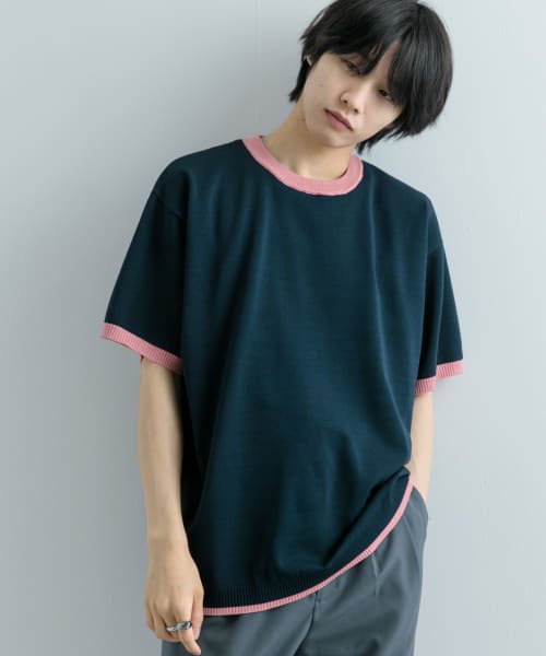 SENSE OF PLACE by URBAN RESEARCH(センスオブプレイス バイ アーバンリサーチ)/『洗濯可』リブハイショクラインニットTシャツ(5分袖)/NVY×PNK