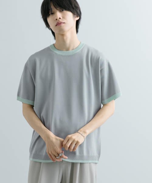 SENSE OF PLACE by URBAN RESEARCH(センスオブプレイス バイ アーバンリサーチ)/『洗濯可』リブハイショクラインニットTシャツ(5分袖)/L.GRY×MNT