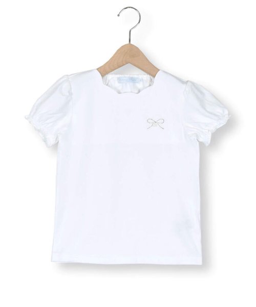 Tartine et Chocolat(タルティーヌ・エ・ショコラ)/ラインストーンリボンxスカラップ襟半袖Tシャツ(90~140cm)/ホワイト