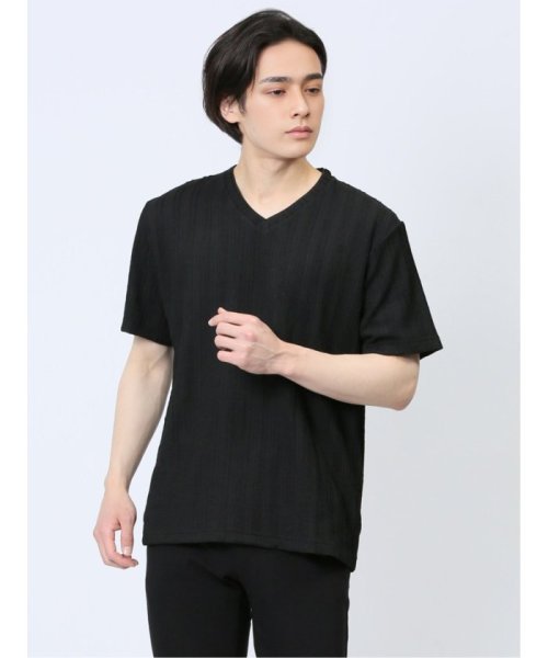 m.f.editorial(エムエフエディトリアル)/タックストライプ フェイクVネック半袖Tシャツ メンズ Tシャツ カットソー カジュアル インナー トップス ギフト プレゼント/ブラック