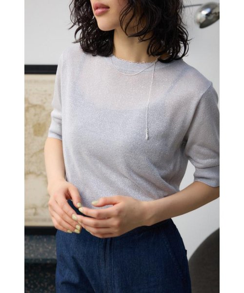 AZUL by moussy(アズールバイマウジー)/シアーラメ5分袖ニットトップス/L/GRY1