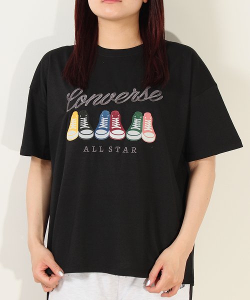 CONVERSE(CONVERSE)/【CONVERSE/コンバース】天竺オールスターシューズフロッキープリント半袖クルーネックTシャツ/ブラック