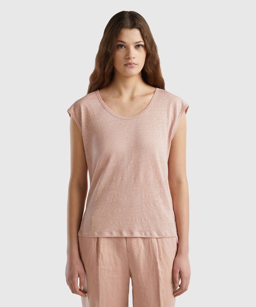 BENETTON (women)(ベネトン（レディース）)/リネン100%Uネックサイドスリット入りフレンチスリーブTシャツ・カットソー/ピンクベージュ