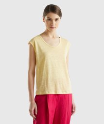 BENETTON (women)(ベネトン（レディース）)/リネン100%Uネックサイドスリット入りフレンチスリーブTシャツ・カットソー/イエロー