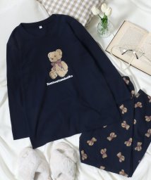 salong hameu(salong hameu)/【Salong hameu】「別注」くまさんプリント長袖Tシャツパジャマ ルームウェア レディース/巾着袋付き3点セット 婦人 女性 パジャマ/ネイビー