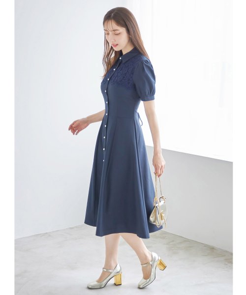 tocco closet(トッコクローゼット)/ヨークレース切り替えバックレースアップ半袖シャツワンピース/D-NAVY