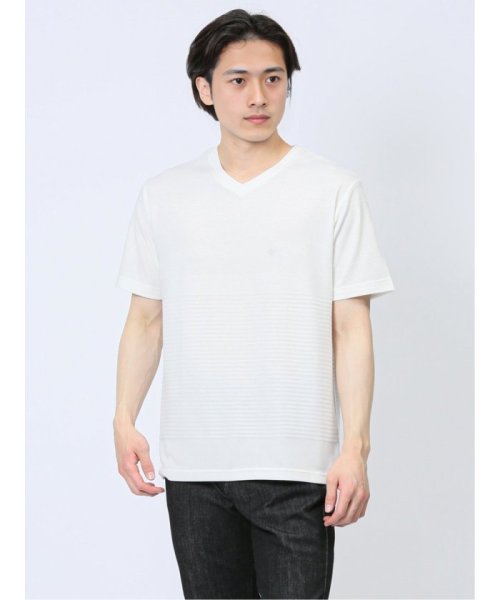 TAKA-Q(タカキュー)/リンクスパネルボーダー Vネック半袖Tシャツ/アイボリー