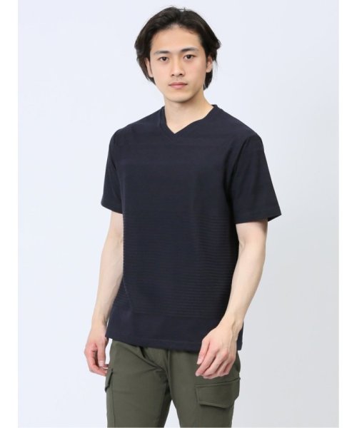 TAKA-Q(タカキュー)/リンクスパネルボーダー Vネック半袖Tシャツ/ネイビー