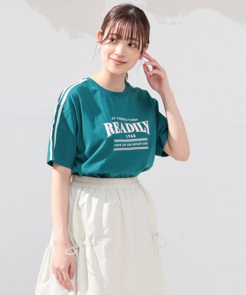 Honeys(ハニーズ)/袖ラインＴシャツ Tシャツ カットソー レディース 半袖 スポーティー ロゴ /グリーン