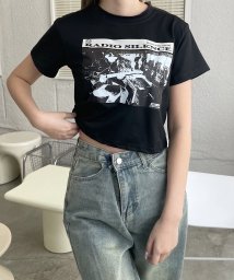 shopnikoniko/モノクロプリント クロップド丈 チビTシャツ ma 【即納】フォトプリント ヴィンテージ ちびT ミニ丈 へそ出し 韓スト モノトーンコーデ 人気 おすすめ シ/506064265