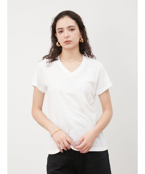 Mila Owen(ミラオーウェン)/VネックコンパクトスラブTシャツ【手洗い可能】/WHT