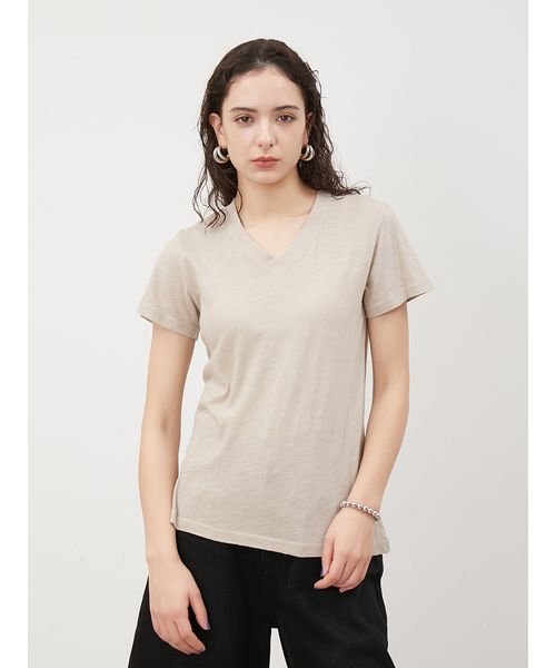 Mila Owen(ミラオーウェン)/VネックコンパクトスラブTシャツ【手洗い可能】/BEG