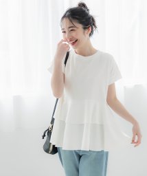 coca(コカ)/異素材切替フリルTシャツ（フレアシルエット/フレンチ袖/クルーネック/シンプル/薄手）/WHITE