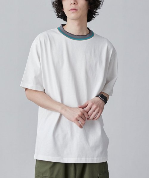 coen(coen)/カラーリブニットネックTシャツ/WHITE