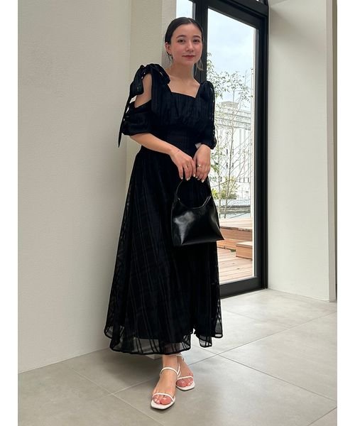 リボンショルダーウエストリブワンピース 予めご了承ください