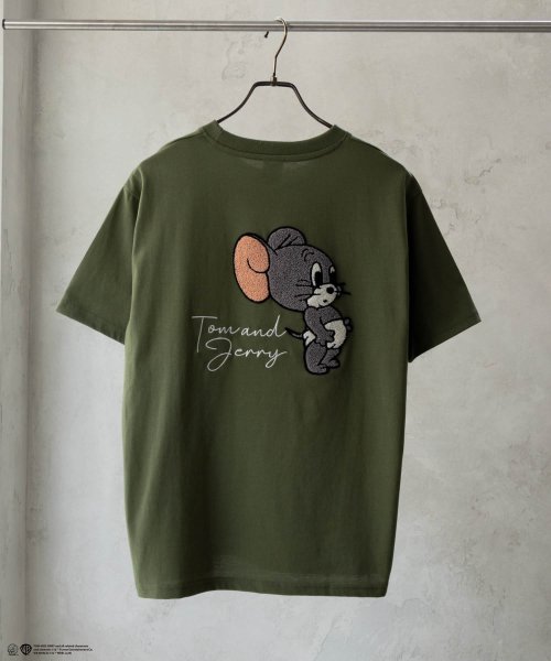 MAC HOUSE(men)(マックハウス（メンズ）)/Tom and Jerry ジェリー タフィー サガラ刺繍Tシャツ 152148065－6/オリーブ