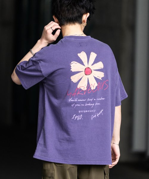 Rocky Monroe(ロッキーモンロー)/Tシャツ 半袖 バックプリント メンズ レディース カットソー クルーネック グラフィック FLOWER 花 ワンポイント ピグメント加工 ヴィンテージライク /パープル