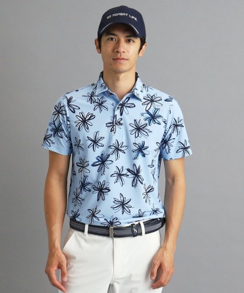 【UVカット/防透け】ラインフラワー柄 半袖ポロシャツ 