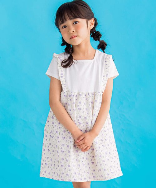 BeBe Petits Pois Vert(ベベ プチ ポワ ヴェール)/【お揃い】天竺＋チューリップドッキングワンピ(95~150cm)/パープル系