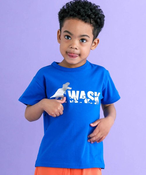 WASK(ワスク)/【速乾】恐竜箔プリント総柄天竺Tシャツ(100~160cm)/ブルー