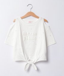 mezzo piano/エンボス箔ロゴ　ラインストーン肩開きTシャツ/506063119