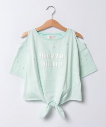 mezzo piano(メゾピアノ)/エンボス箔ロゴ　ラインストーン肩開きTシャツ/ミント