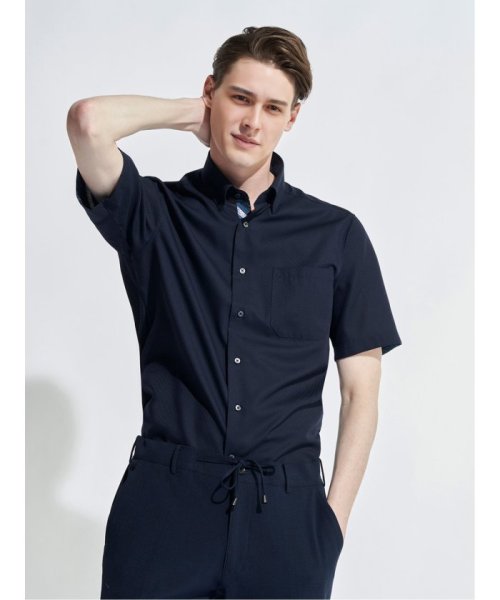 TAKA-Q(タカキュー)/形態安定 スタンダードフィット ショートレギュラーカラースナップダウン半袖シャツ 半袖 シャツ メンズ ワイシャツ ビジネス ノーアイロン 形態安定 yシャツ /ネイビー